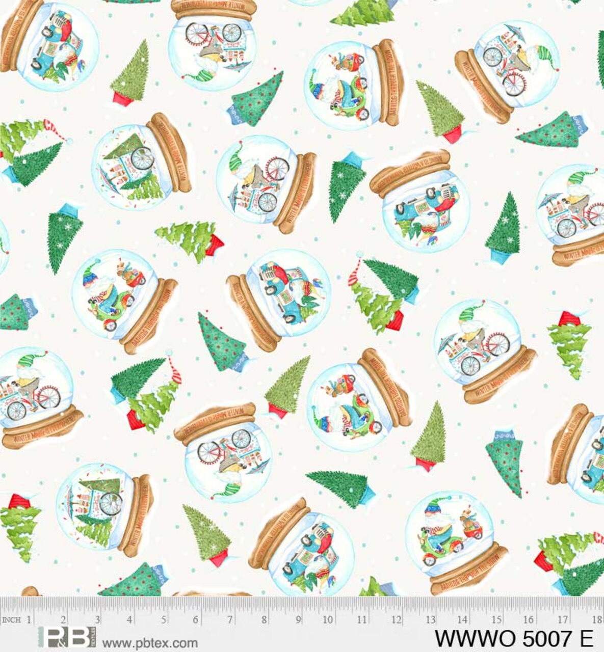 P & B Textiles Christmas Gnomes Snow Globes Toss on Mint Green 100% Cotton Fabric Price per Yard